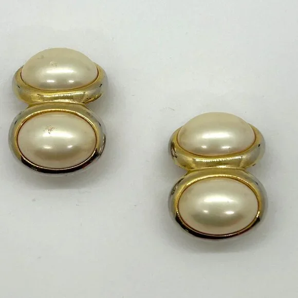 Vintage Gold Tone Double Faux Pearl Clip-On Earrings Retro 80s Statement Cabocho - Picture 1 of 13